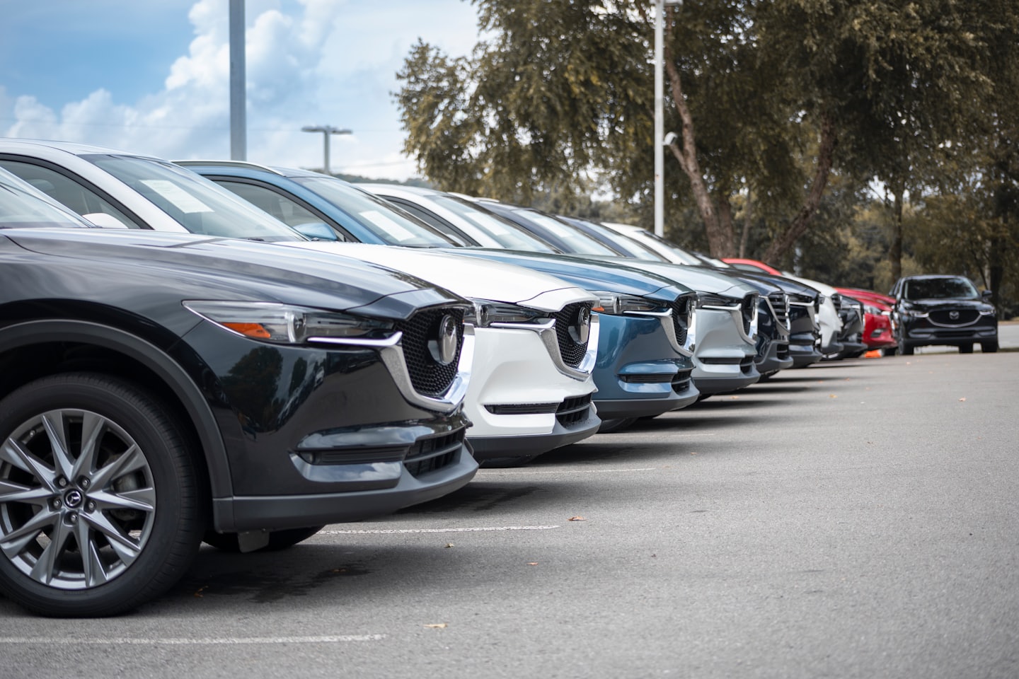 Rows of new SUVs parked neatly at an outdoor car dealership.